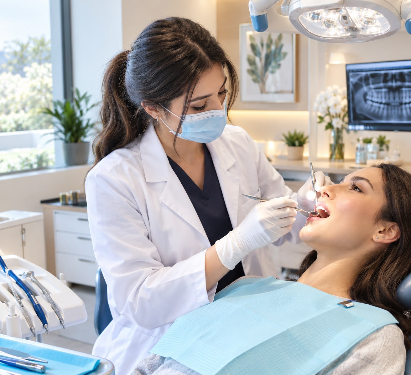 A female dentist examining a female patient in a bright, modern dental clinic